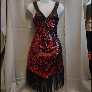 Black and red sequined dress with black beaded fringe